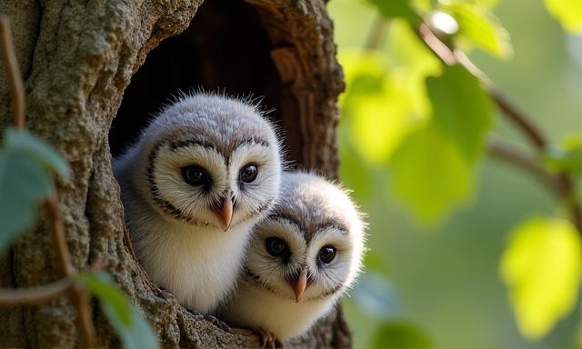 Two owlets peeking out of a tree nest, representing new beginnings in birdwatching.