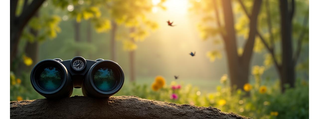 Binoculars on a tree branch overlooking a serene forest with birds flying