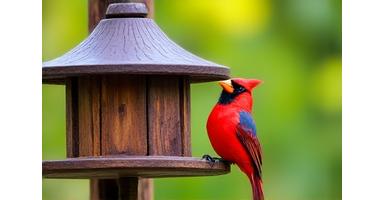 Colorful bird perched on a beautifully designed bird feeder